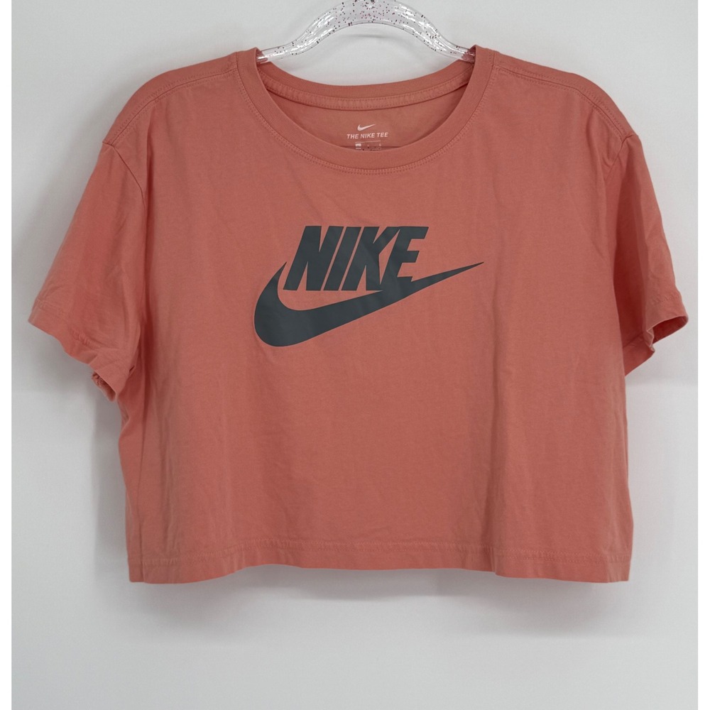 Nike Womens Sportswear Essential Crop Top Coral Pink Logo Graphic Tee Sz L